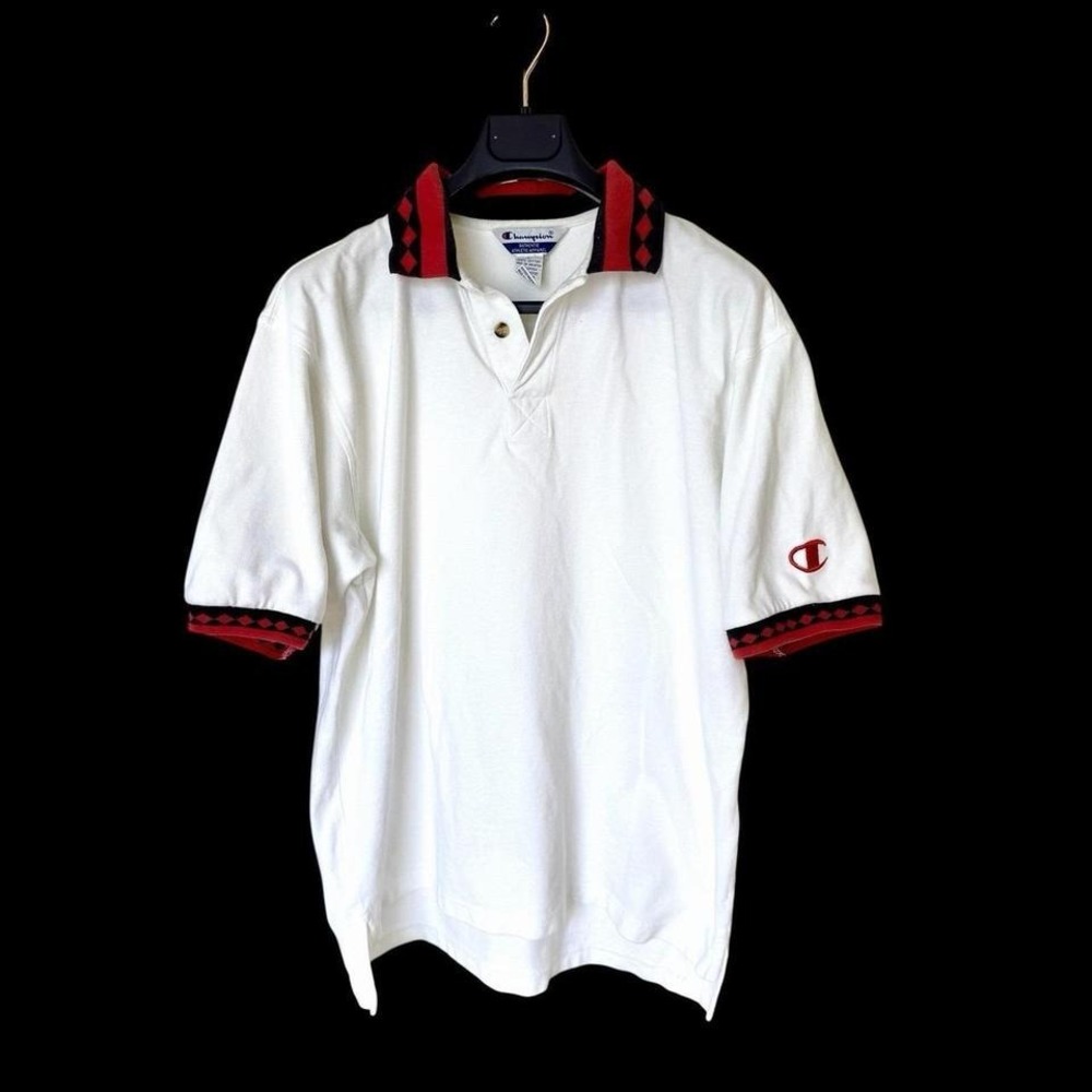 Vintage 90's Champion Polo Shirt‎ Aztec Collar Sz Large Distressed Big C Sleeve